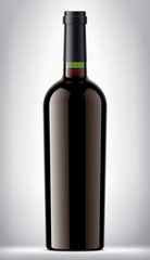Green glass bottle on background with red wine. 