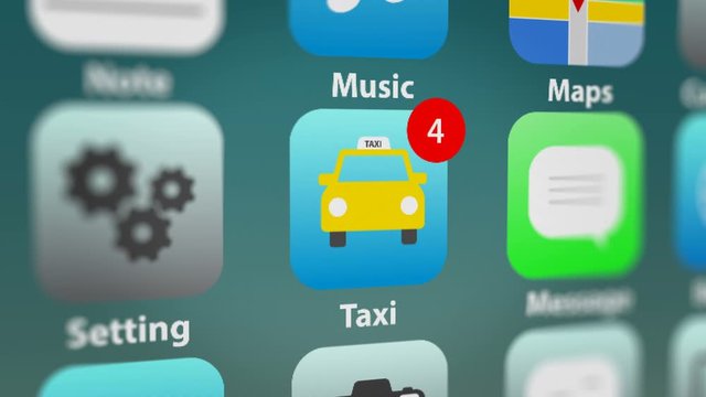 Taxi App Icon with Notifications on Smart Phone Screen.  All data on the Footage are Fictional, Created Especially for This Concept