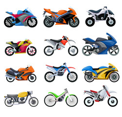 Sport motorcycles transport vector illustration cartoon collection. Set of speed motobikes modern and retro isolated on white background. Speedway modern and retro motor cycles for extreme motocross.
