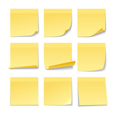 Set of yellow sticky notes isolated on white background. Collection of sheets of note paper. Vector illustration.