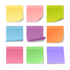 Set of sticky notes isolated on white background. Collection of colorful sheets of note paper. Vector illustration.