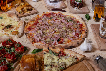 Neapolitan traditional dishes. Bruschettas, pizzas and desserts. Isolated image. Mediterranean cuisine