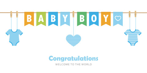 baby boy party flag welcome greeting card for childbirth vector illustration EPS10
