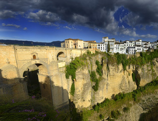 Rock cliff with houses of Ronda, Spain. Ronda is a city in the Spanish province of Malaga.