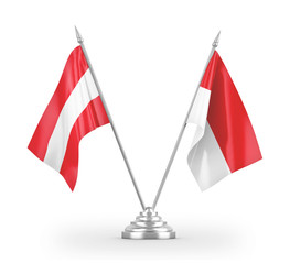 Indonesia and Austria table flags isolated on white 3D rendering
