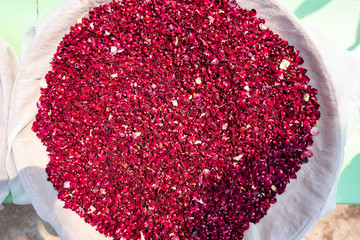 Herb flower concept, red rose flower dry on sunny on white straining cloth fabric background, small...