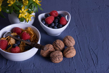 nuts, berries, snowdrops and granola are on the table
