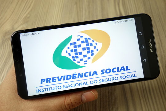 KONSKIE, POLAND - November 24, 2019: Brazilian Social Security (INSS) logo on mobile phone