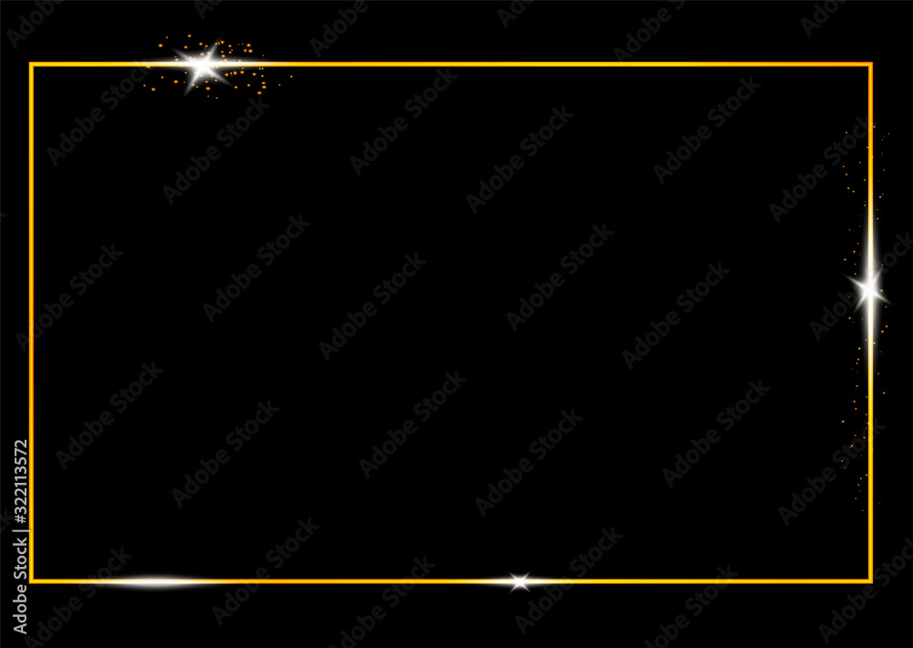 Poster Vector golden frame with lights effects. Shining rectangle banner. Isolated on black transparent background. Vector illustration, eps 10.