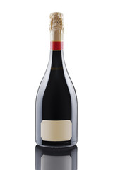 Single unopened bottle of champagne with two rectangular highlights, reflection and blank label isolated on white background.