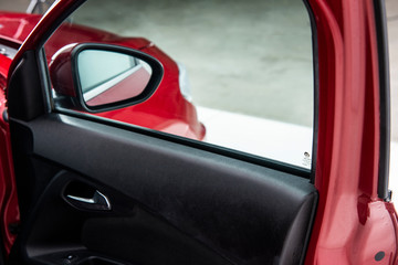  Close up of mirror of modern car. Auto transport or automobile industry concepts 