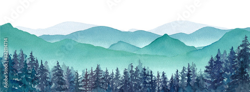 霧の山々と針葉樹林の風景パノラマ 水彩イラストのトレースベクター レイアウト変更不可 Wall Mural Keiko Takamatsu 霧の山々と針葉樹林の風景パノラマ 水彩イラストのトレースベクター レイアウト変更不可 Wall Mural Keiko Takamatsu
