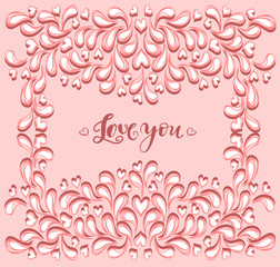 Vector illustration.Valentines Day. Abstract elements as a cucumber. Lettering love you, background pink. Handmade, prints on T-shirts