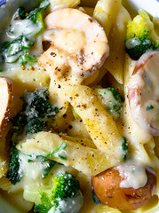 Real pasta with mushrooms, spinach and broccoli