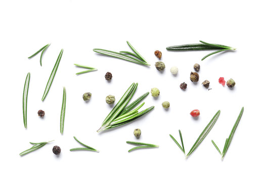 Flat lay composition with rosemary on white background, space for text