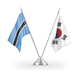 South Korea and Botswana table flags isolated on white 3D rendering