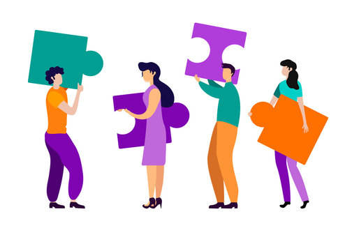 Business concept. Team metaphor. people connecting puzzle elements. Vector illustration flat design style. Symbol of teamwork, cooperation, partnership.