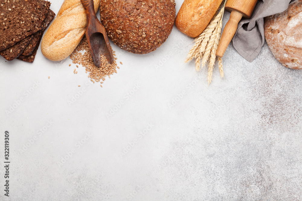 Poster various bread with wheat, flour and cooking utensils