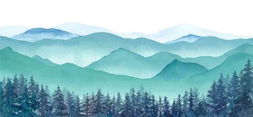 霧の山々と針葉樹林の風景、水彩イラスト（ベクター。レイアウト変更不可）