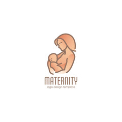 Maternity illustration, breast-feeding - happy woman with newborn. Vector logo design template in linear style