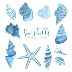 Hand-drawn watercolor sea set with shells. Cartoon concept for invitations, posters, greeting cards and other design.