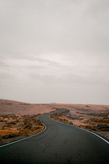 Carretera con curvas en desierto nublado y cielo gris