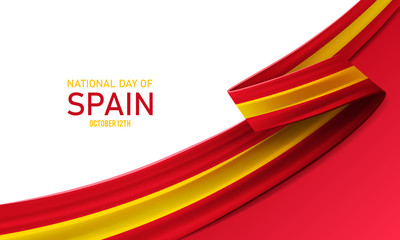 Happy national day of Spain, october 12th, fiesta nacional de Espana, bent waving ribbon in colors of the Spain national flag. Celebration background.