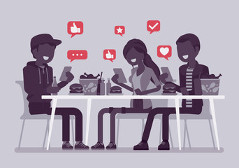 Gadget addiction, friends at dinner dependent on smartphones. Group of people having lunch glued to phone screen, sharing, taking food photo, chatting online. Vector illustration, faceless characters