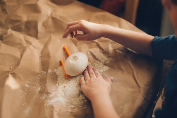 Children having fun with archaeology excavation, flat lay