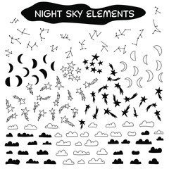 Set of stars, clouds, comets, moon and constellation. Hand drawn elements.