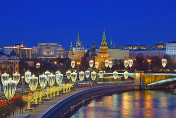 Evening shooting in Moscow near the Cathedral of Christ the Saviour and the Kremlin. Russia,...