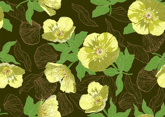Hand drawn seamless pattern with beautiful flowers and leaves on dark khaki background.