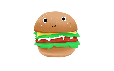 Happy smiling kawaii cute burger and french fries friends. Vector flat cartoon character illustration icon design. Isolated on white background. French fries, burger,fast food cafe, junk food concept