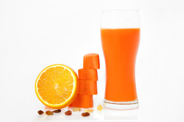 fruit and drink stand on a white background