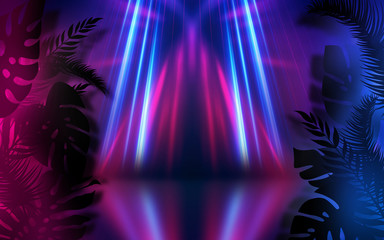 Background of empty dark scenes with neon lights and shapes, smoke. Silhouettes of tropical palm leaves in the foreground. Bright futuristic abstract background