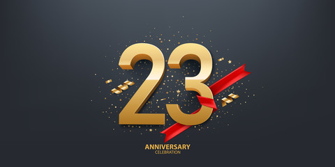 23rd Year anniversary celebration background. 3D Golden number wrapped with red ribbon and confetti on black background. - obrazy, fototapety, plakaty