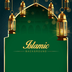 Islamic Background Vintage Arabic Luminous Lamp Decoration hanging lamp. Isolated Vector Illustration. Lantern 3D Multicolored. Greeting Card, blank poster template