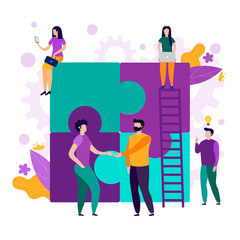 Business concept. Team metaphor. people connecting puzzle elements. Vector illustration flat design style. Symbol of teamwork, cooperation, partnership. - Vector