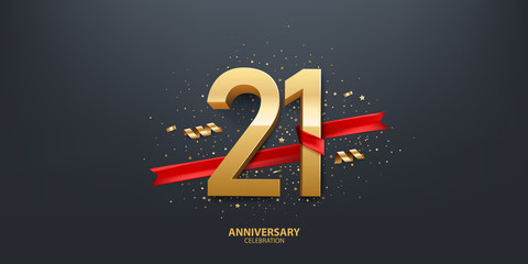 21st Year anniversary celebration background. 3D Golden number wrapped with red ribbon and confetti on black background.