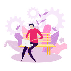Young man sitting in the street and working with laptop. Flat modern design of social networking and texting to friends. Vector illustration of the man chatting with people using laptop.