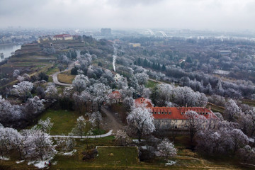 Aerial view of fortress in winter
