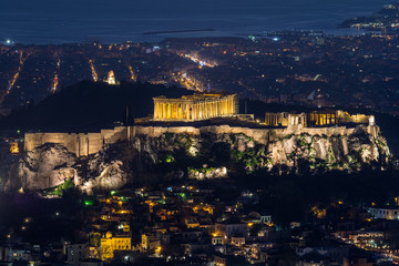 The Parthenon temple on the Athenian Acropolis at dusk, Greece