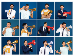 Collage of men with megaphones on blue background
