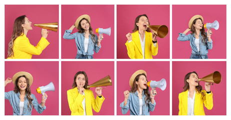 Collage of young girl with megaphones on pink background