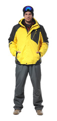 Man wearing stylish winter sport clothes on white background