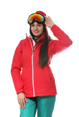 Woman wearing stylish winter sport clothes on white background