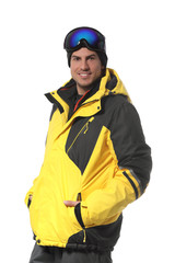 Man wearing stylish winter sport clothes on white background