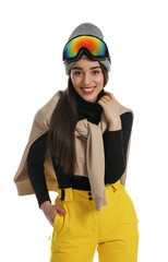 Woman wearing stylish winter sport clothes on white background