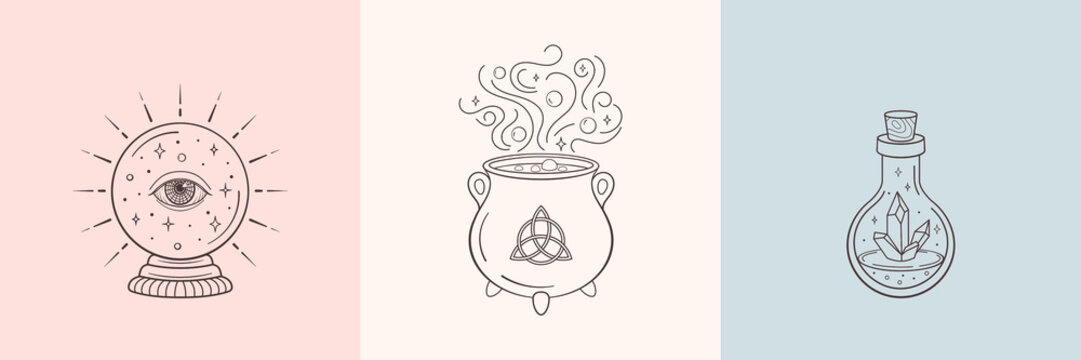 Witch and magic symbols with crystal ball, magic crystal bottle, cauldron. Monochrome vector illustration, isolated on white background