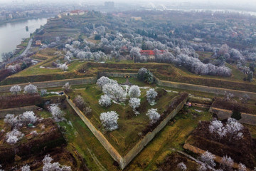 Aerial view of fortress in winter